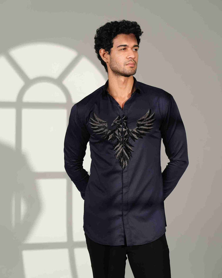 Navy Blue Shirt with 3D Phoenix on Center
