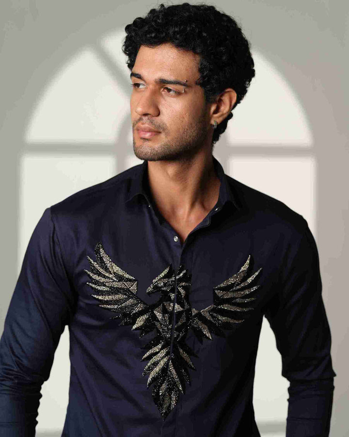Navy Blue Shirt with 3D Phoenix on Center