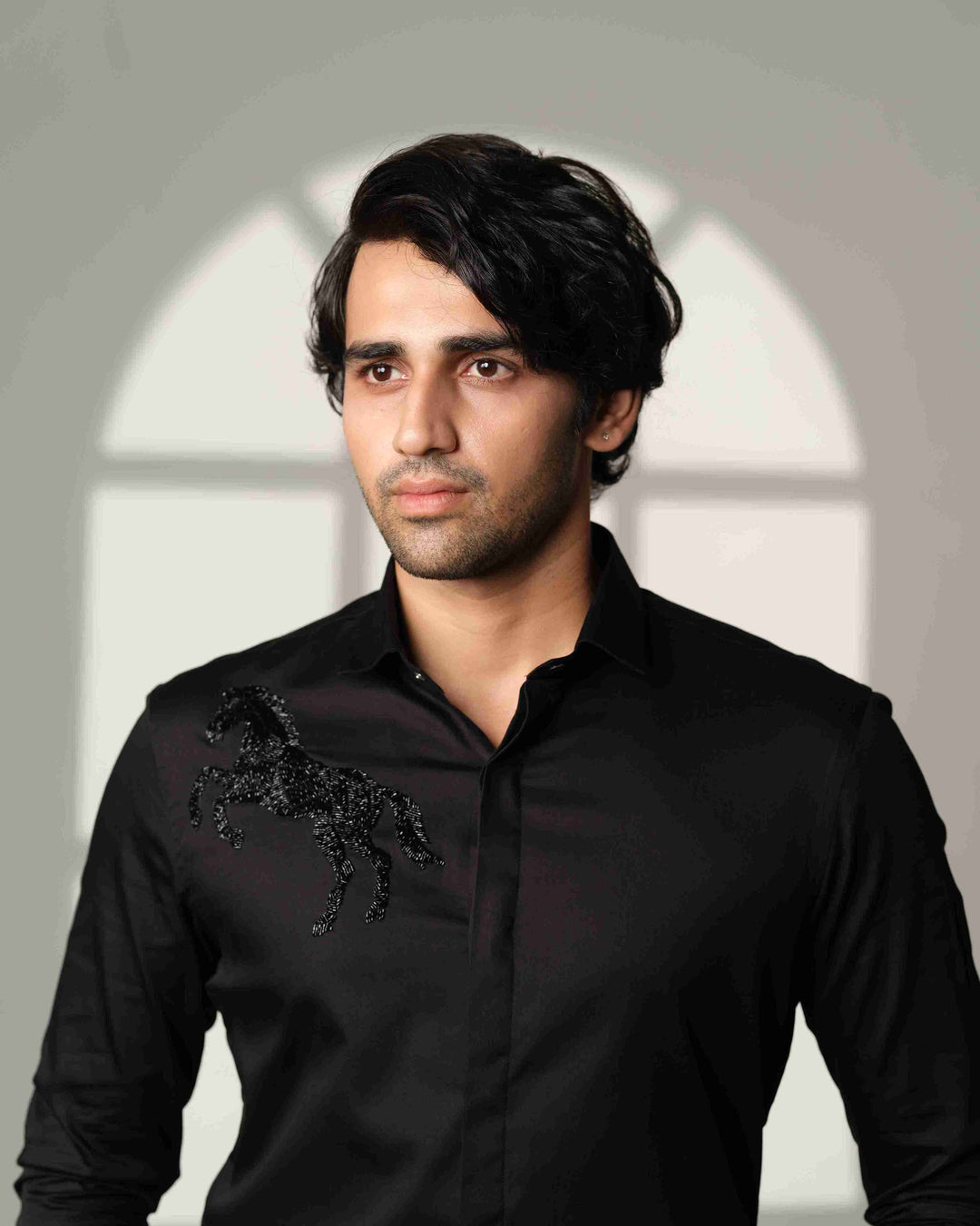 Black Shirt with Black Horse on Right shoulder