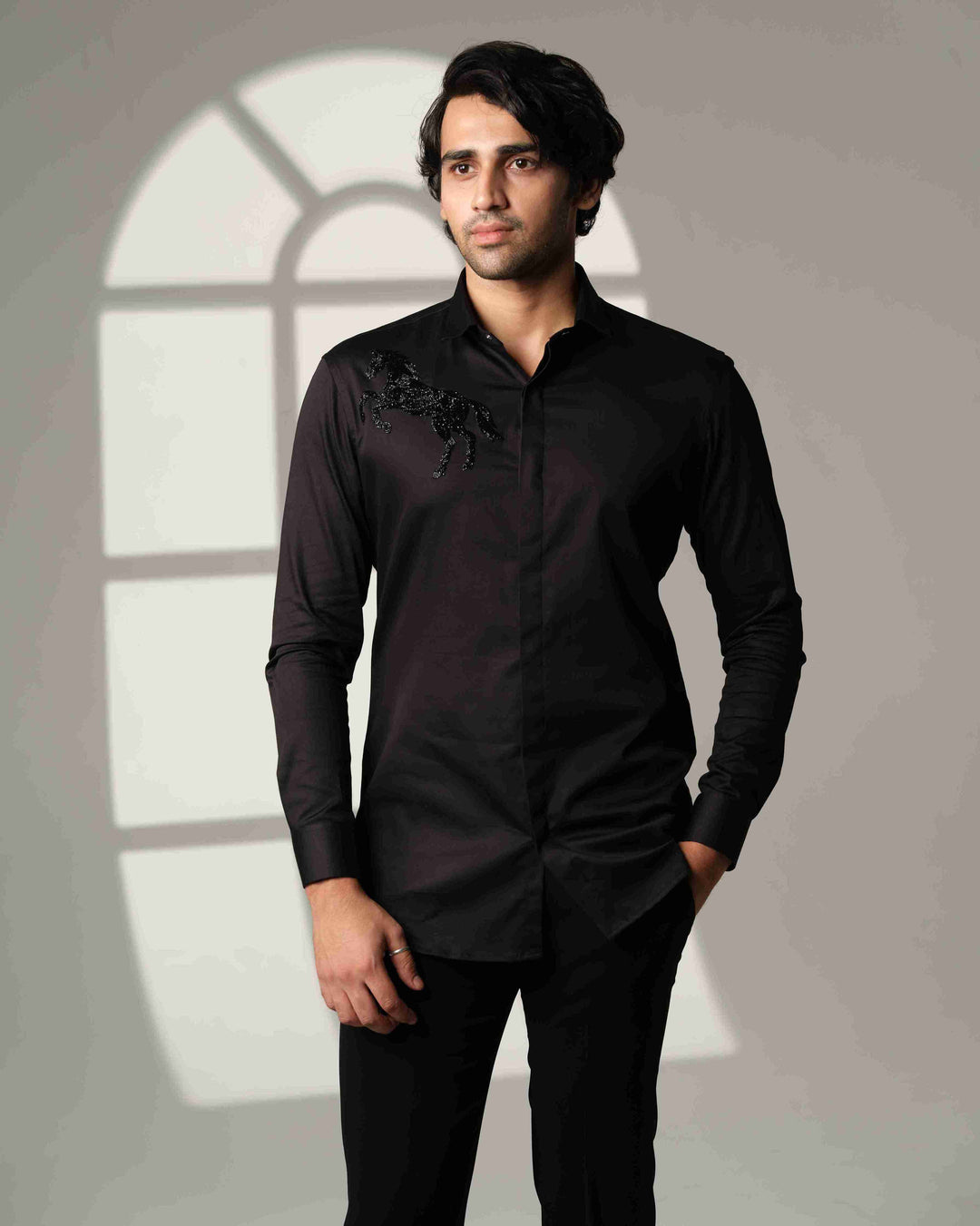 Black Shirt with Black Horse on Right shoulder