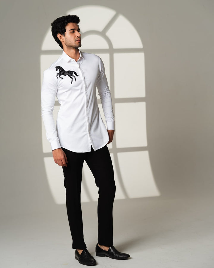 White Shirt with Black Horse on Right shoulder