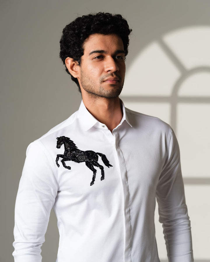 White Shirt with Black Horse on Right shoulder