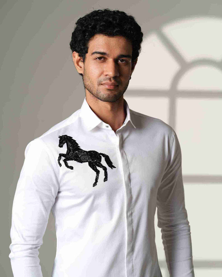 White Shirt with Black Horse on Right shoulder