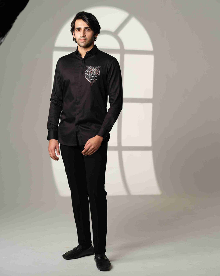 Black Shirt with Roaring Tiger Face with Red Eyes on Pocket square