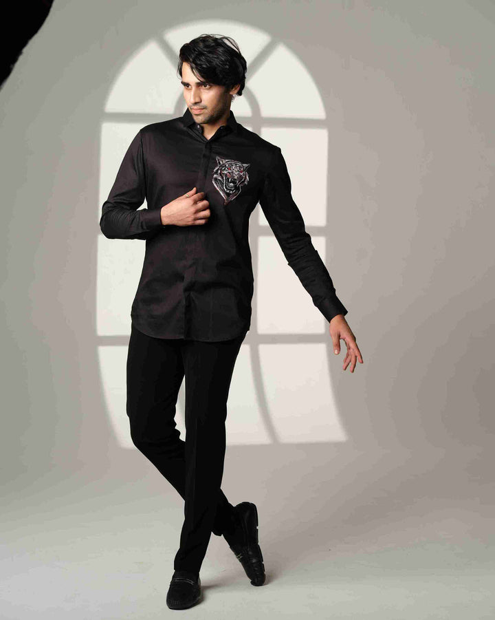 Black Shirt with Roaring Tiger Face with Red Eyes on Pocket square