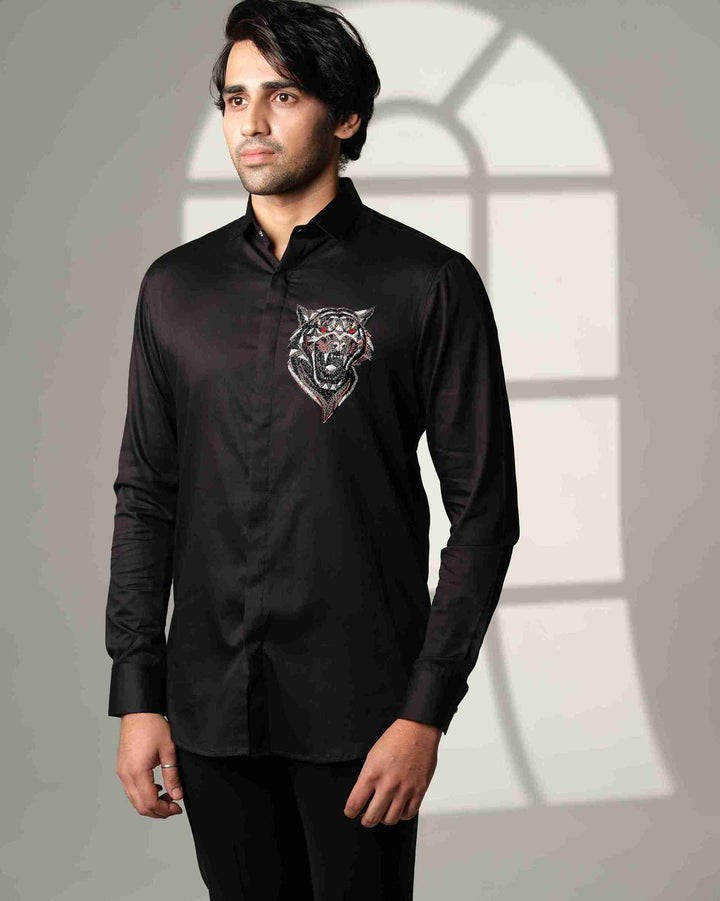Black Shirt with Roaring Tiger Face with Red Eyes on Pocket square