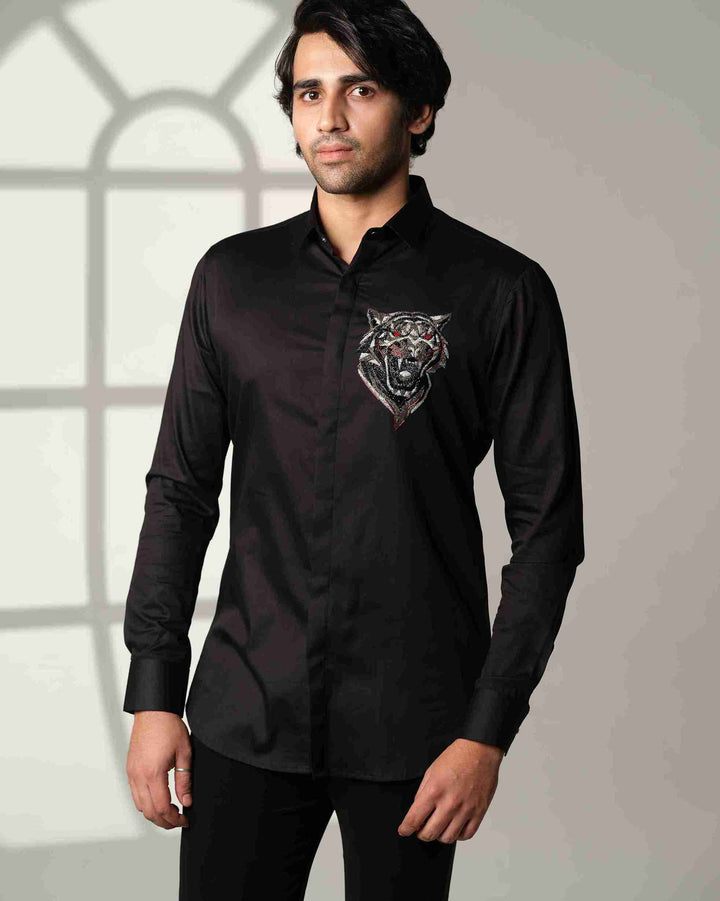 Black Shirt with Roaring Tiger Face with Red Eyes on Pocket square