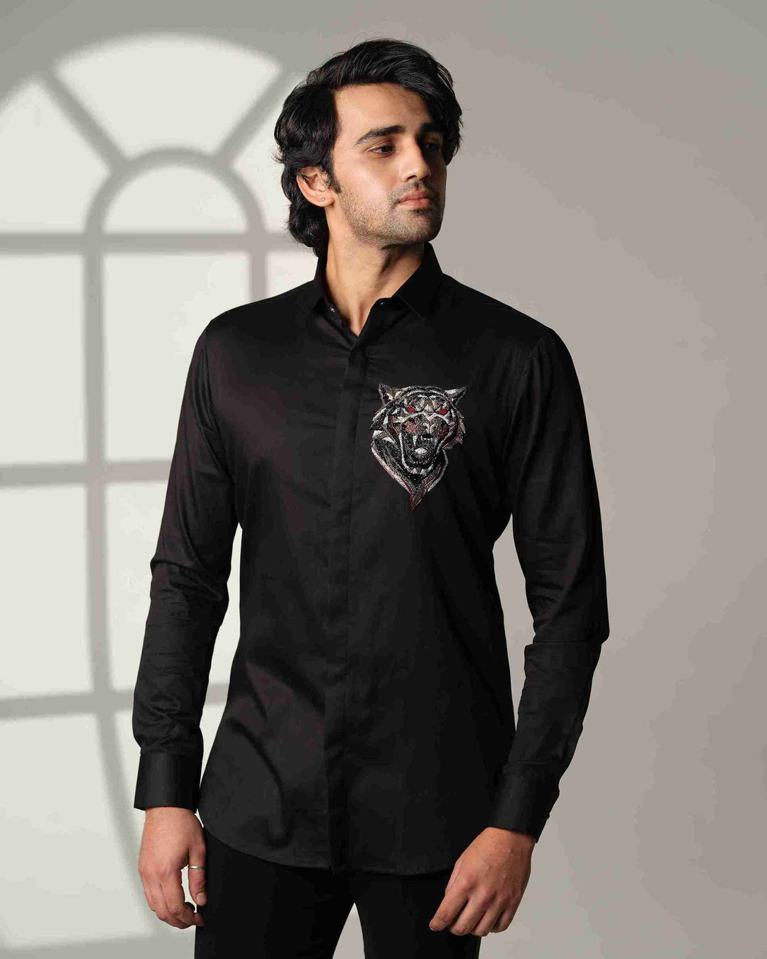Black Shirt with Roaring Tiger Face with Red Eyes on Pocket square