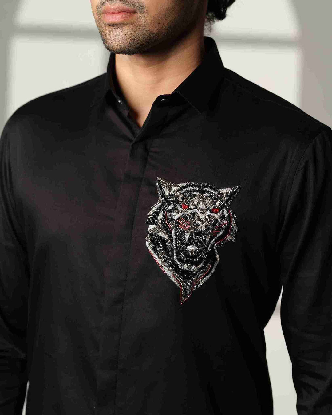 Black Shirt with Roaring Tiger Face with Red Eyes on Pocket square