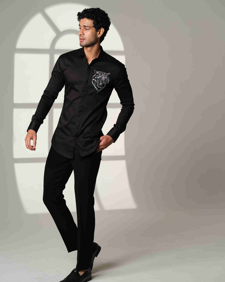 Black Shirt with Roaring Tiger Face with Blue Eyes on Pocket square