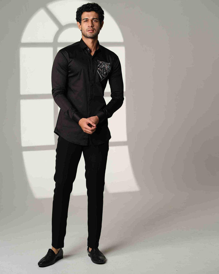 Black Shirt with Roaring Tiger Face with Blue Eyes on Pocket square