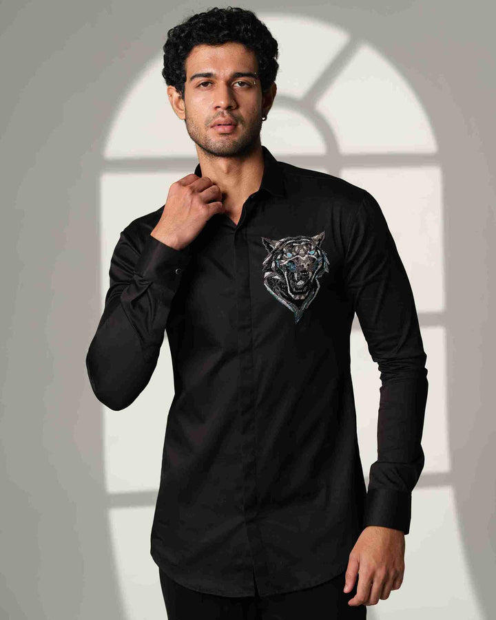 Black Shirt with Roaring Tiger Face with Blue Eyes on Pocket square
