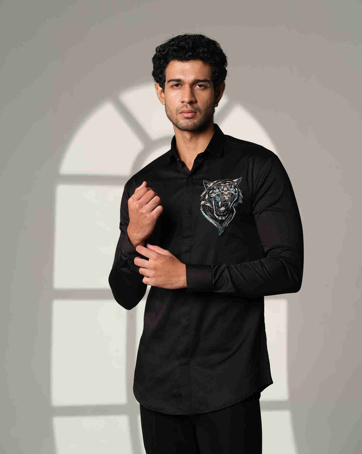 Black Shirt with Roaring Tiger Face with Blue Eyes on Pocket square
