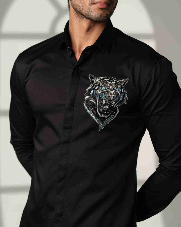 Black Shirt with Roaring Tiger Face with Blue Eyes on Pocket square