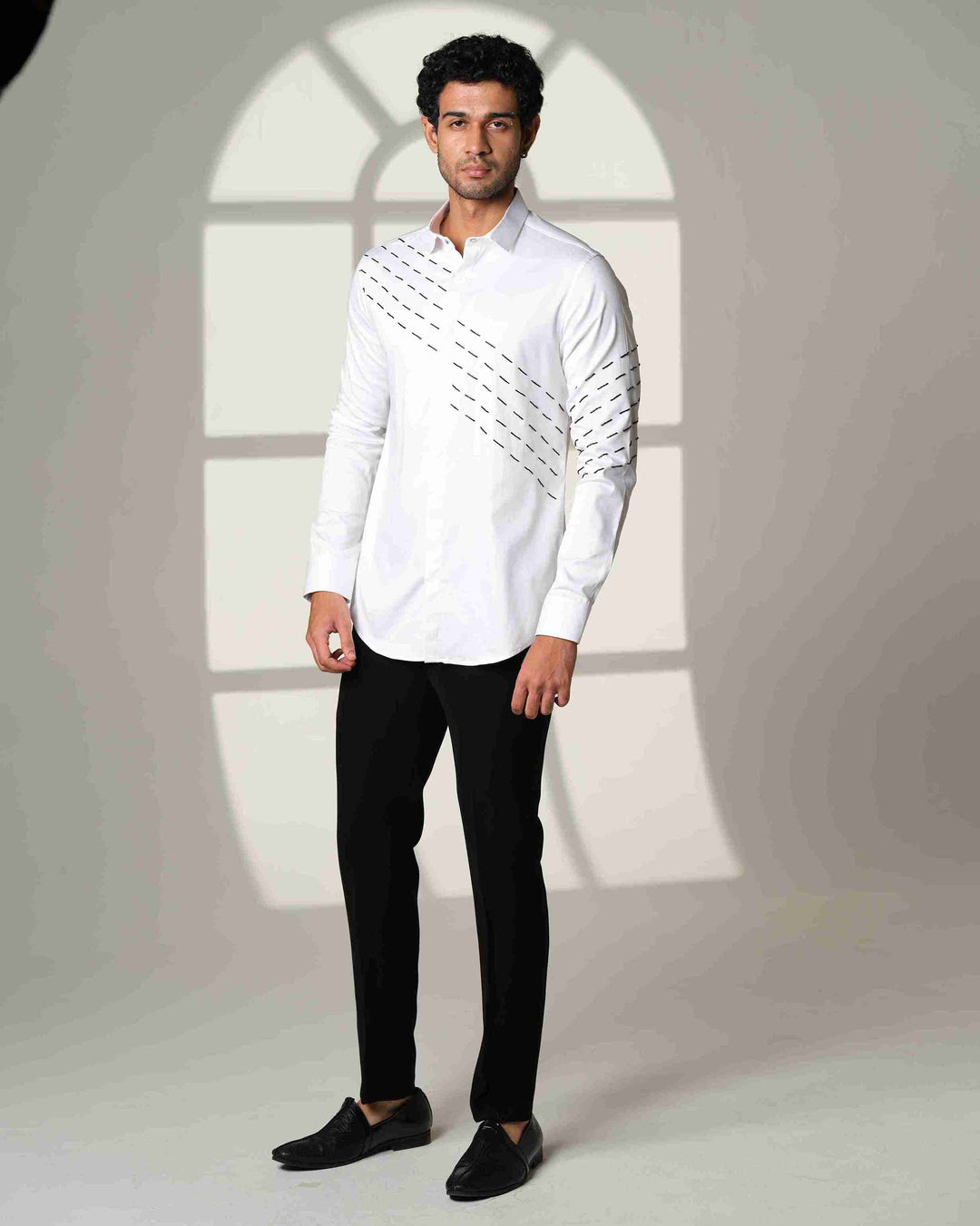 White Shirt with Black Slanting Sally lines