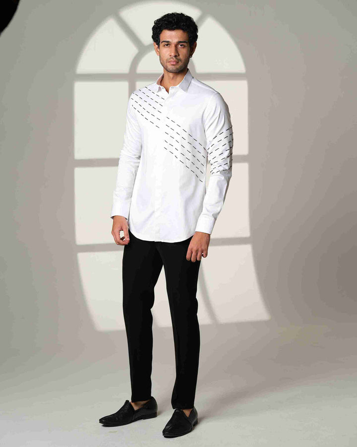 White Shirt with Black Slanting Sally lines