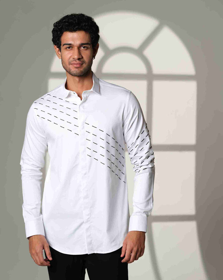 White Shirt with Black Slanting Sally lines