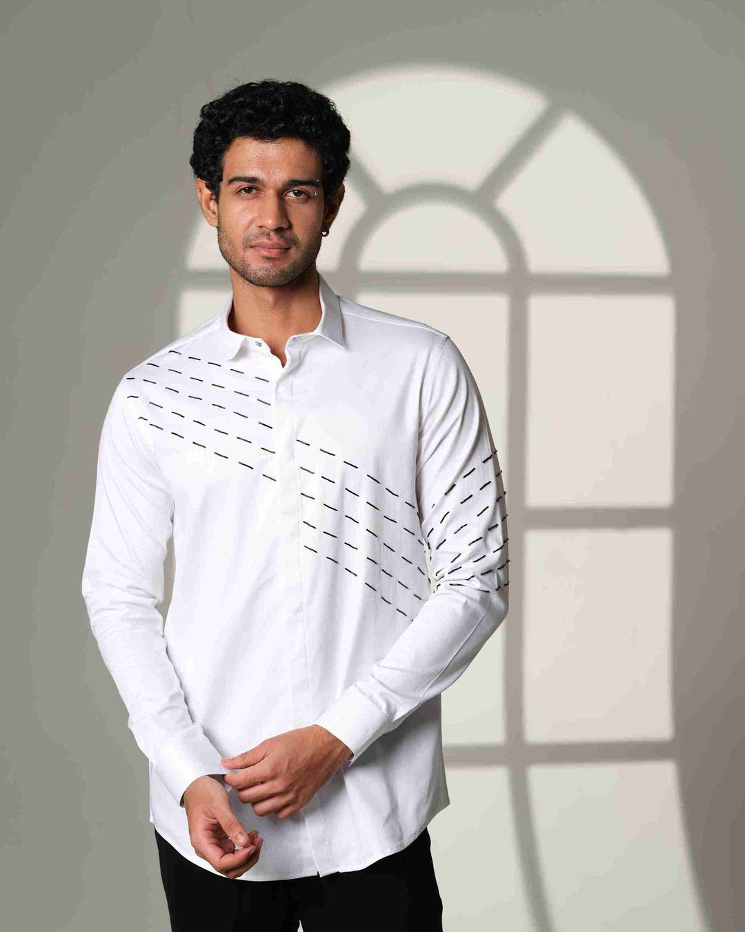 White Shirt with Black Slanting Sally lines
