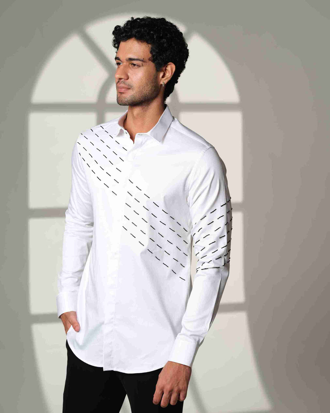 White Shirt with Black Slanting Sally lines