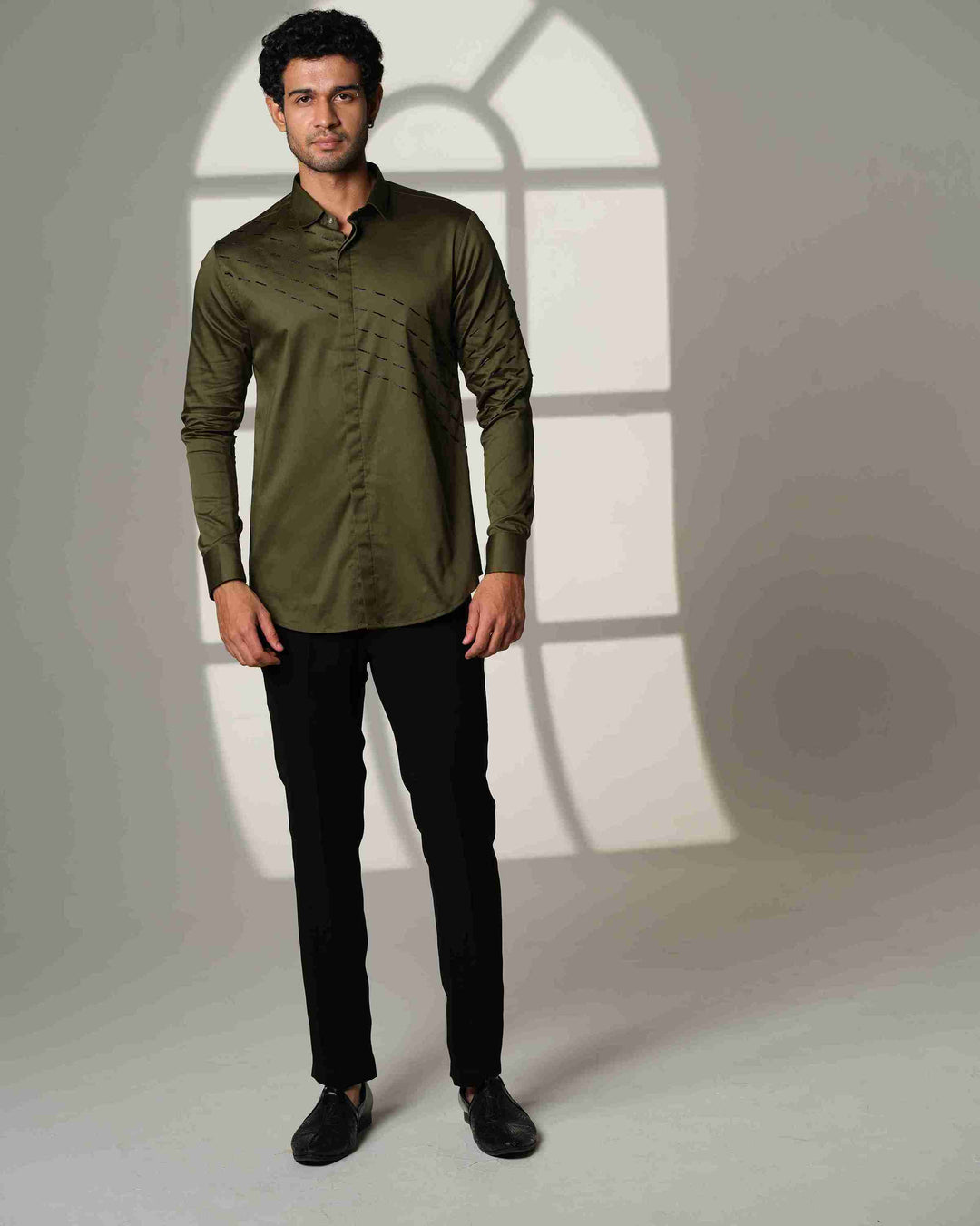 Olive Green Shirt with Black Slanting Sally lines