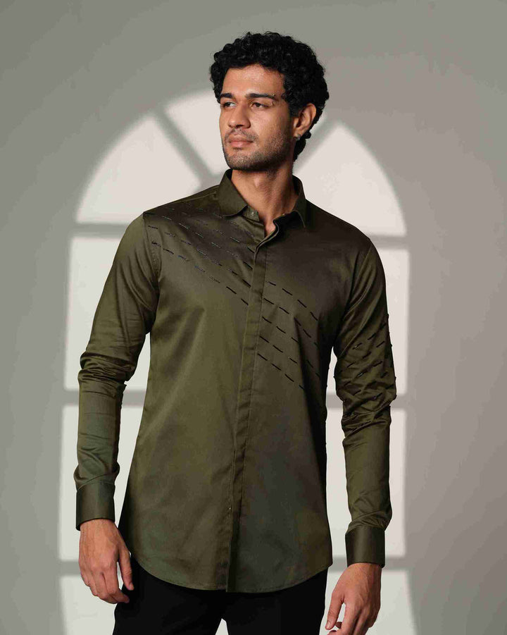 Olive Green Shirt with Black Slanting Sally lines