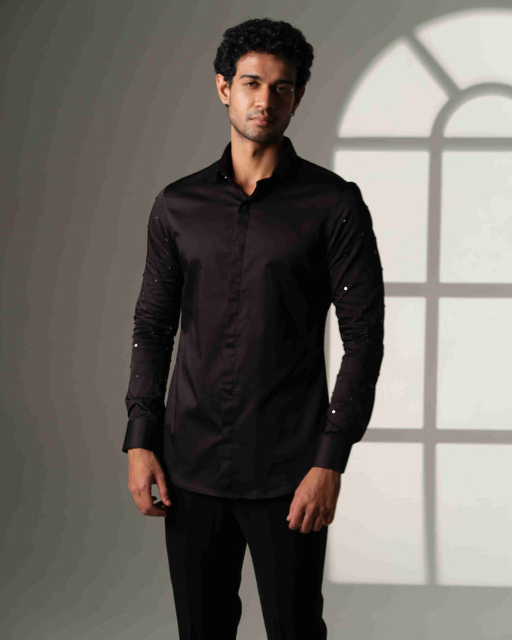 Black Shirt with Artisanal Star Embellishment on Both Sleeves