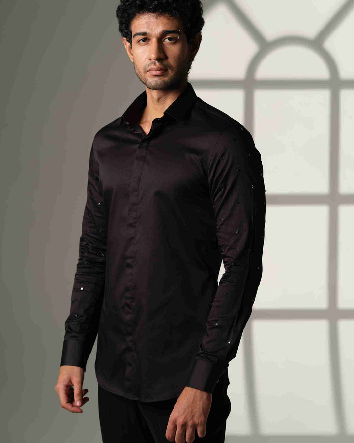 Black Shirt with Artisanal Star Embellishment on Both Sleeves