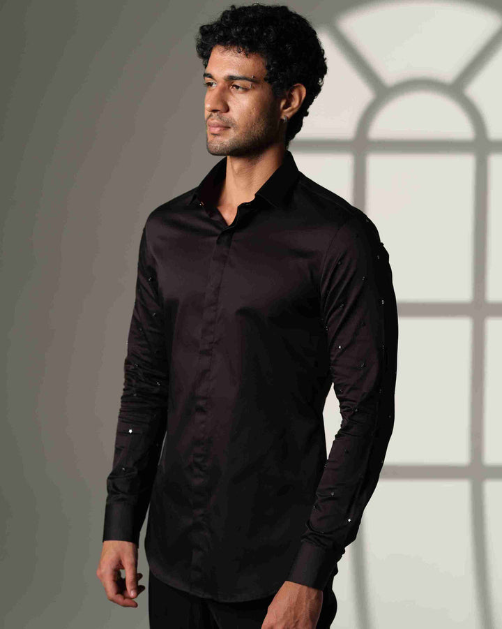 Black Shirt with Artisanal Star Embellishment on Both Sleeves