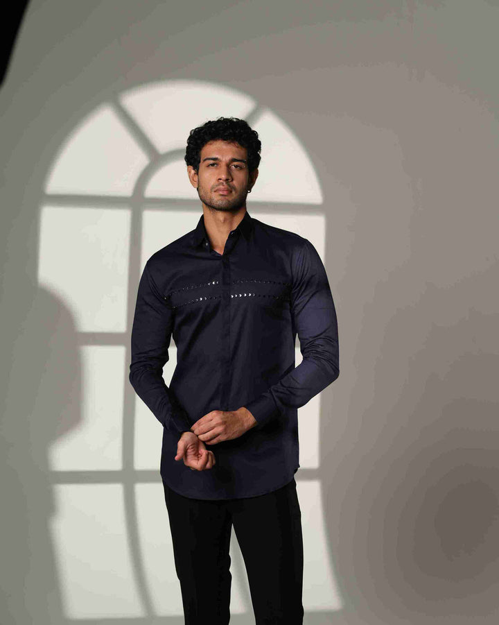 Navy Blue Shirt with Double Parallel  Arrow Metal Embroidery