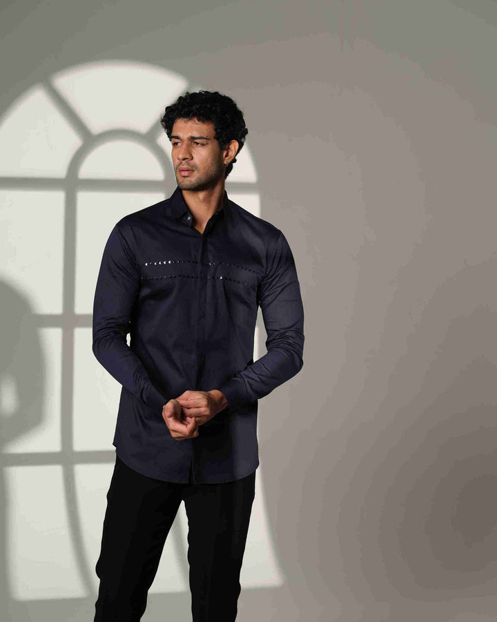 Navy Blue Shirt with Double Parallel  Arrow Metal Embroidery