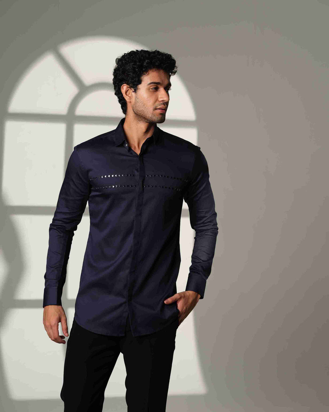 Navy Blue Shirt with Double Parallel  Arrow Metal Embroidery