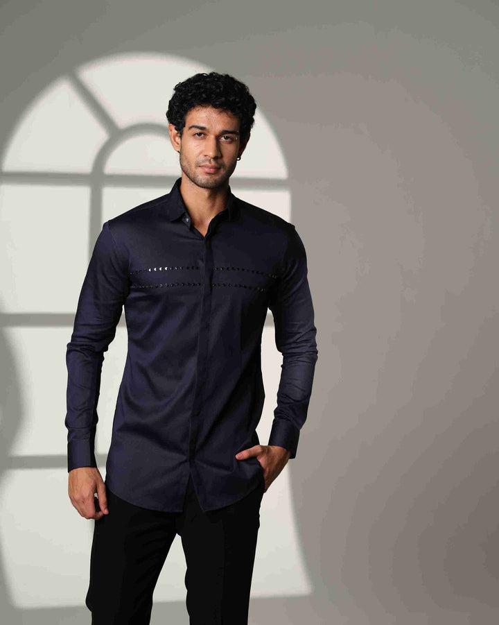 Navy Blue Shirt with Double Parallel  Arrow Metal Embroidery