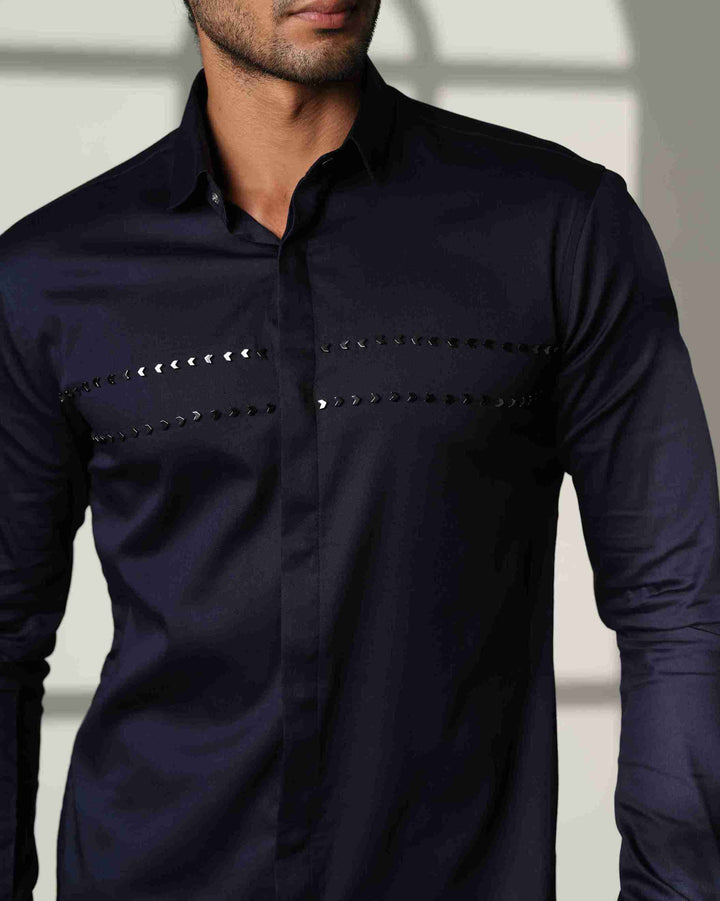 Navy Blue Shirt with Double Parallel  Arrow Metal Embroidery