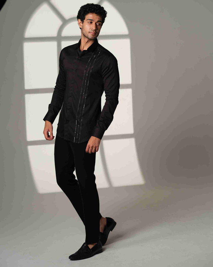 Black Shirt with Pyramid with Gunmetal Cutdana Lines