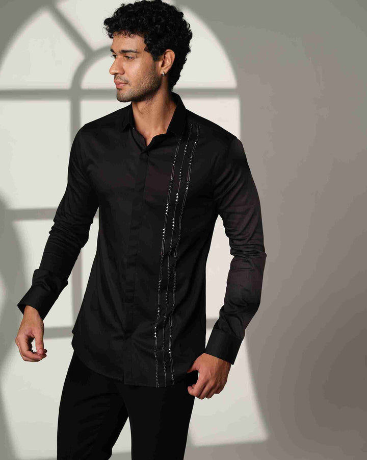 Black Shirt with Pyramid with Gunmetal Cutdana Lines