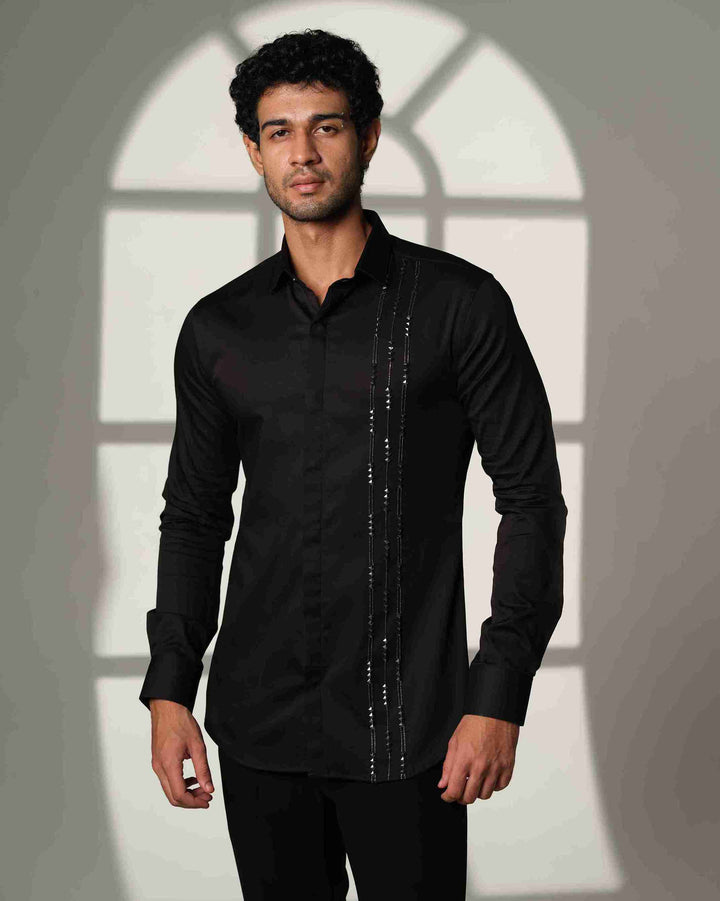 Black Shirt with Pyramid with Gunmetal Cutdana Lines