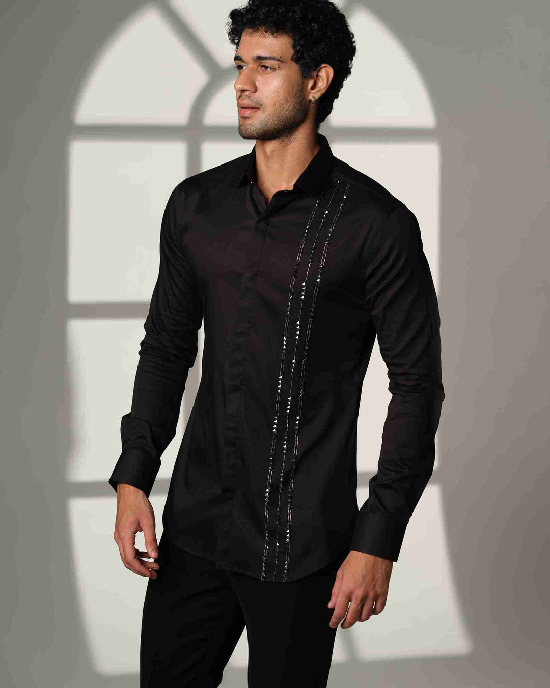 Black Shirt with Pyramid with Gunmetal Cutdana Lines