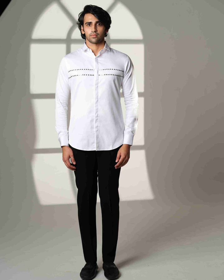 White Shirt with Double Parallel  Arrow Metal Embroidery