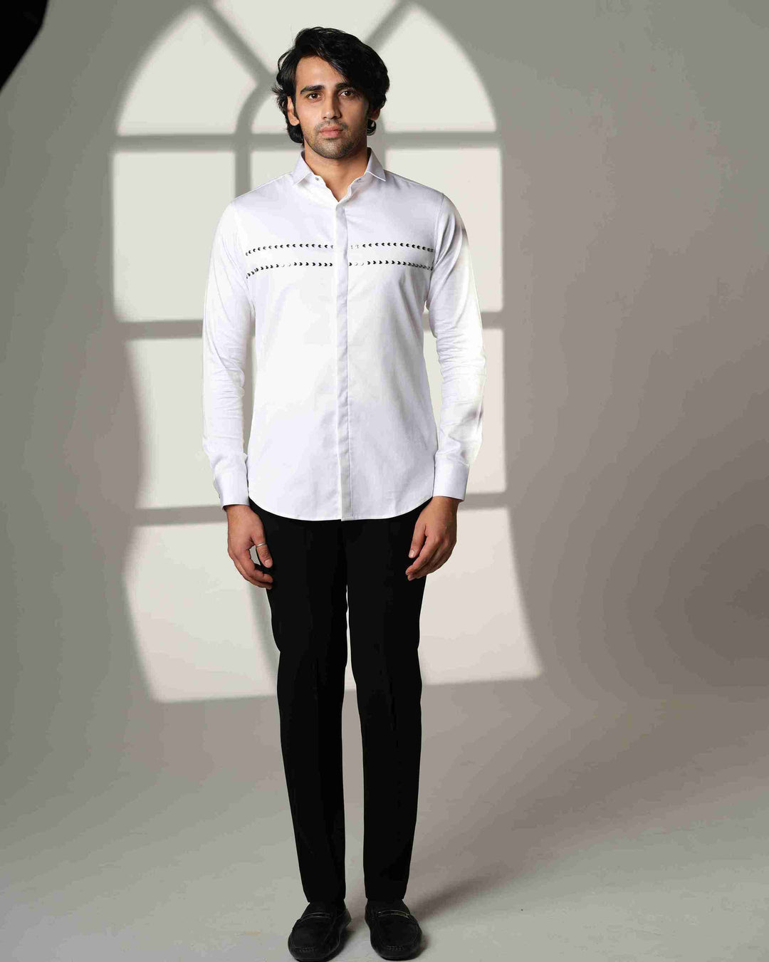 White Shirt with Double Parallel  Arrow Metal Embroidery