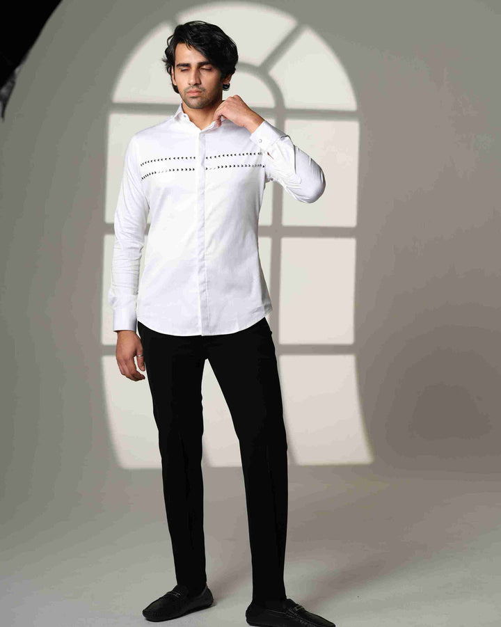 White Shirt with Double Parallel  Arrow Metal Embroidery
