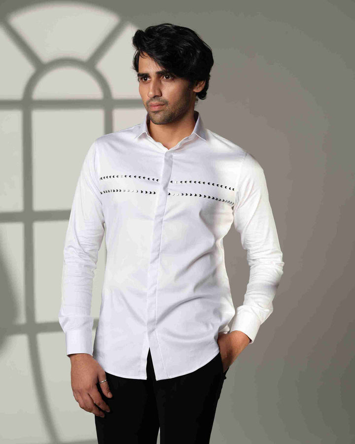 White Shirt with Double Parallel  Arrow Metal Embroidery