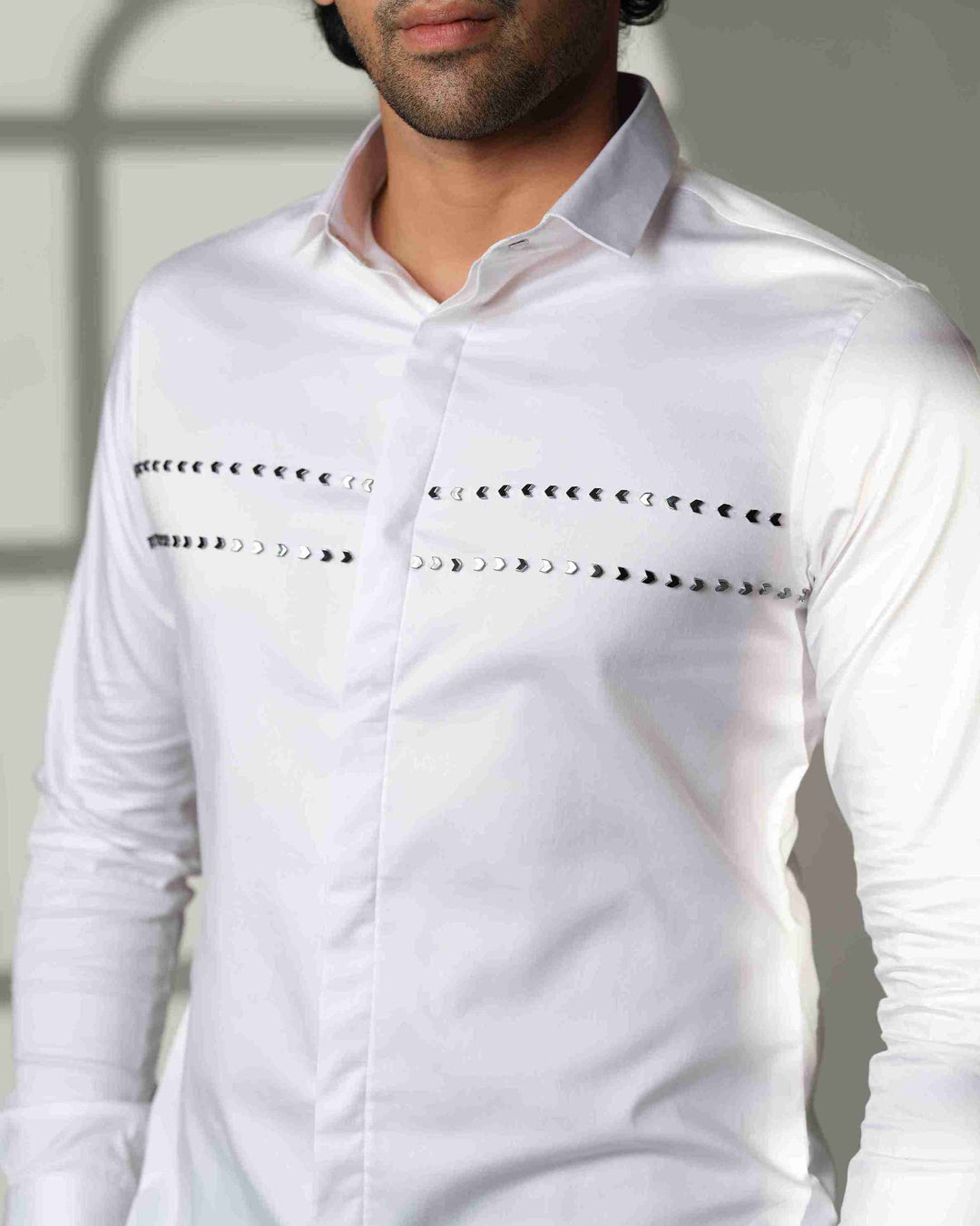 White Shirt with Double Parallel  Arrow Metal Embroidery