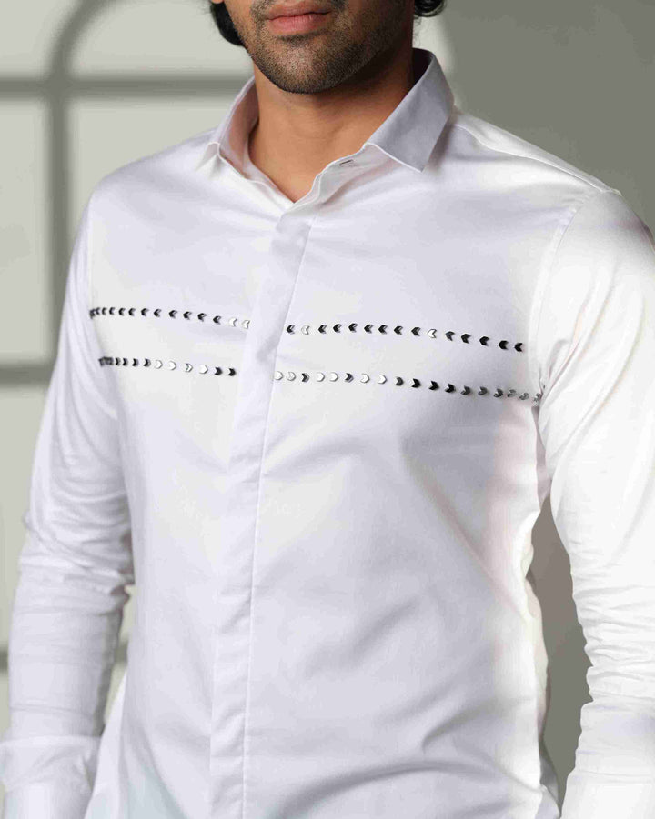 White Shirt with Double Parallel  Arrow Metal Embroidery