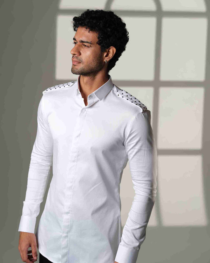 White Shirt with Star-Studded Shoulder Flaps
