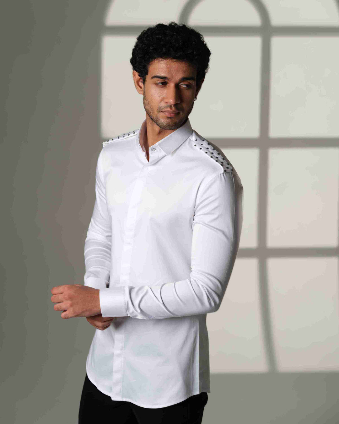 White Shirt with Star-Studded Shoulder Flaps