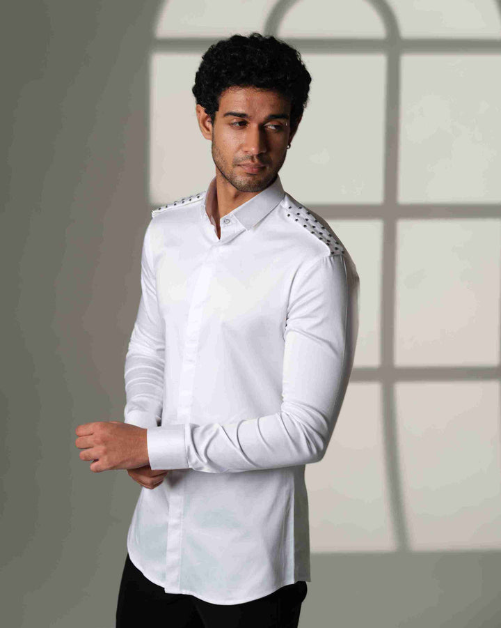White Shirt with Star-Studded Shoulder Flaps