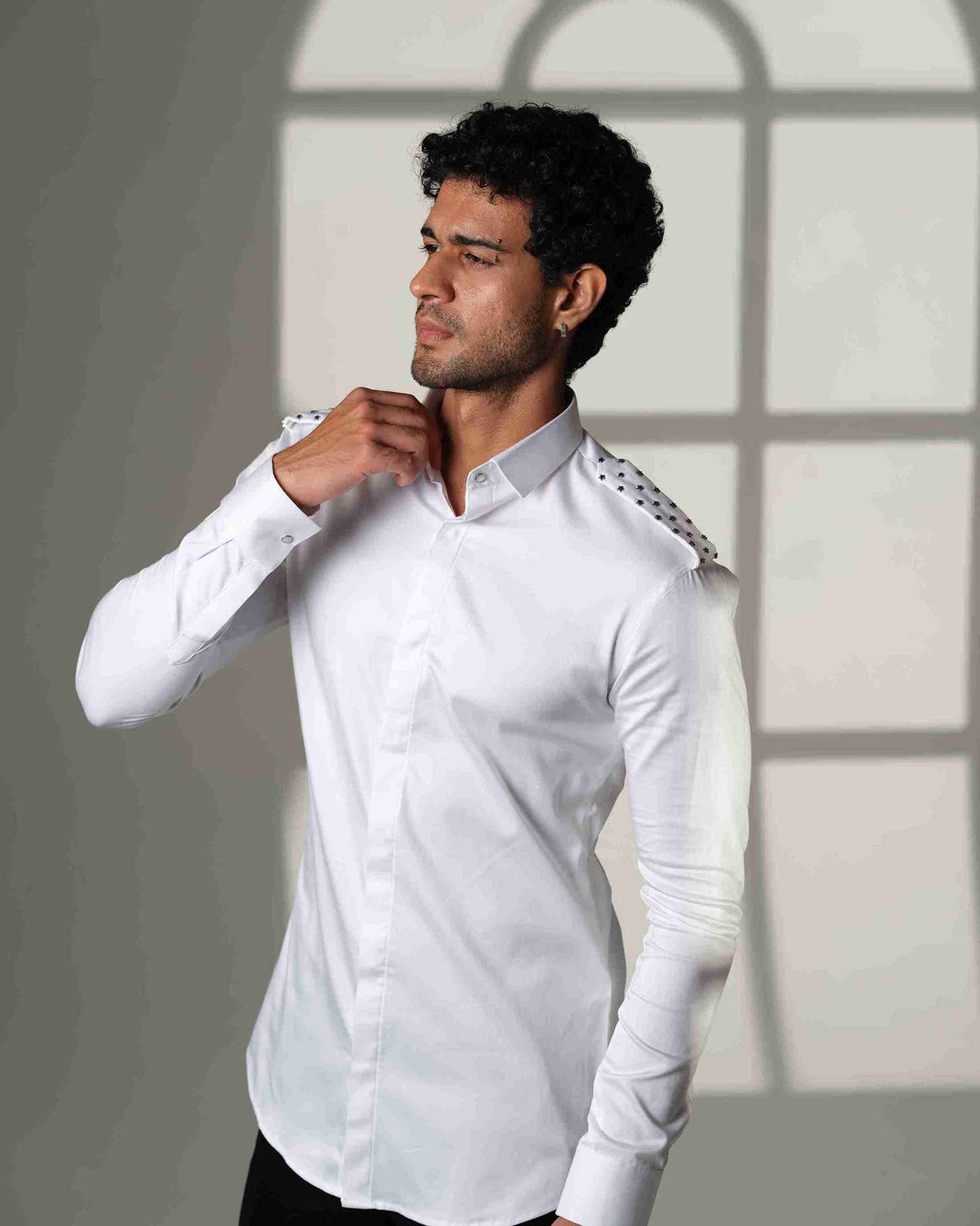 White Shirt with Star-Studded Shoulder Flaps