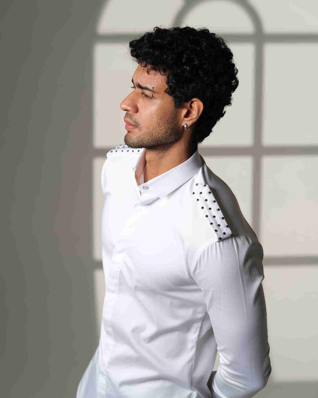 White Shirt with Star-Studded Shoulder Flaps