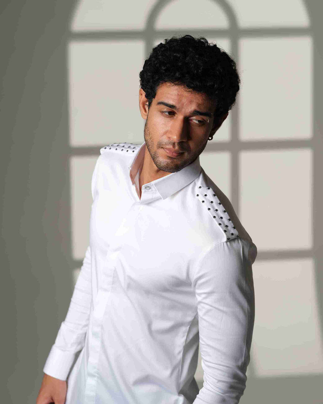 White Shirt with Star-Studded Shoulder Flaps