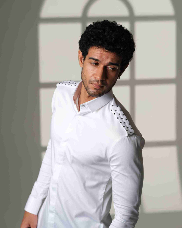White Shirt with Star-Studded Shoulder Flaps